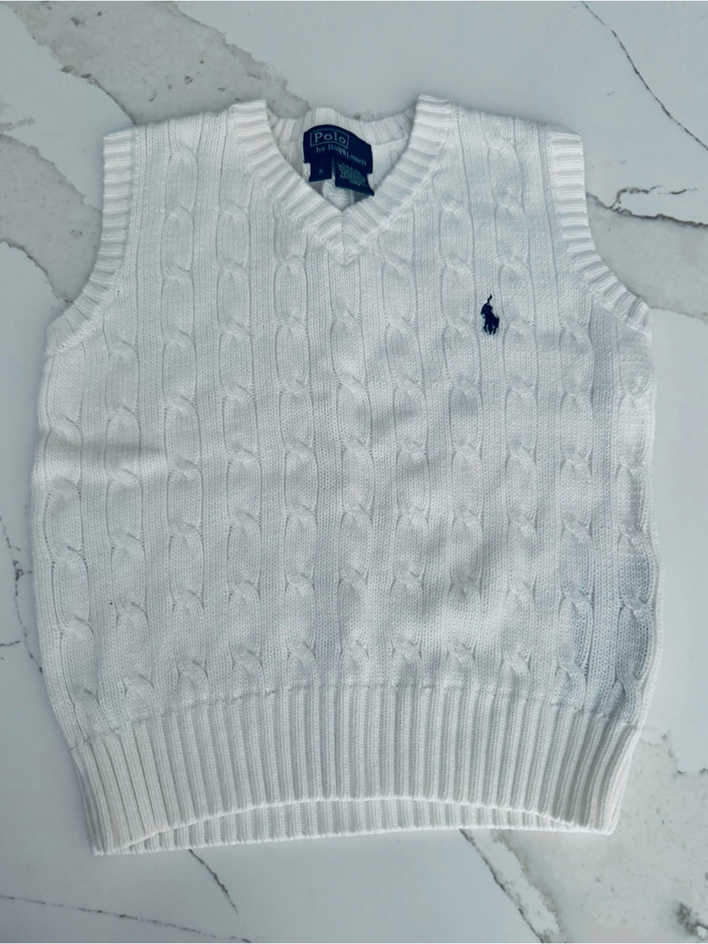 NEW Polo by Ralph Lauren White Cable Knit V-Neck Sweater Vest with Navy Pony 5
